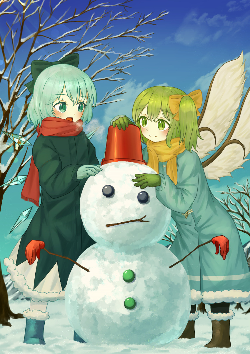 absurdres aqua_coat bare_tree blue_bow blue_coat blue_dress blue_eyes blue_hair blue_sky bow cirno clouds coat daiyousei detached_wings dress ekaapetto fairy fairy_wings frozen green_hair hair_bow highres holding_snowman ice ice_wings red_scarf scarf side_ponytail sky snow snowing snowman touhou tree wings winter winter_clothes winter_coat yellow_bow yellow_scarf