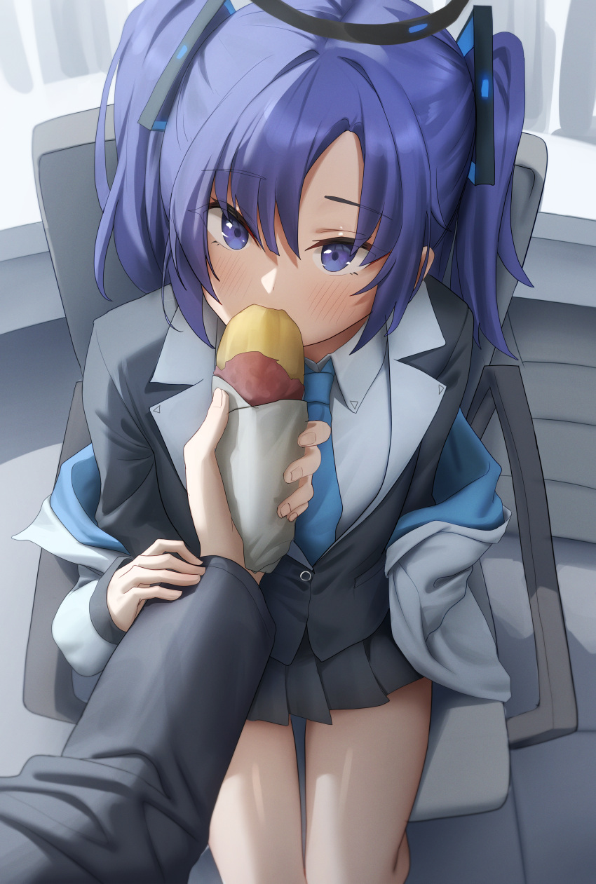1girl 1other absurdres black_skirt blue_archive blue_necktie blush chair collared_shirt food from_above gileu halo highres long_hair long_sleeves mechanical_halo necktie pleated_skirt purple_hair shirt sitting skirt suit sweet_potato two_side_up violet_eyes white_shirt yuuka_(blue_archive)