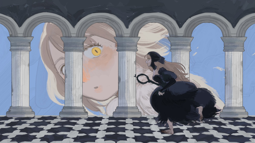 2girls barefoot black_dress dress dungeon_meshi falin_thorden highres holding holding_staff long_hair looking_at_another marcille_donato multiple_girls open_mouth profile running sanmarino016 slit_pupils staff yellow_eyes
