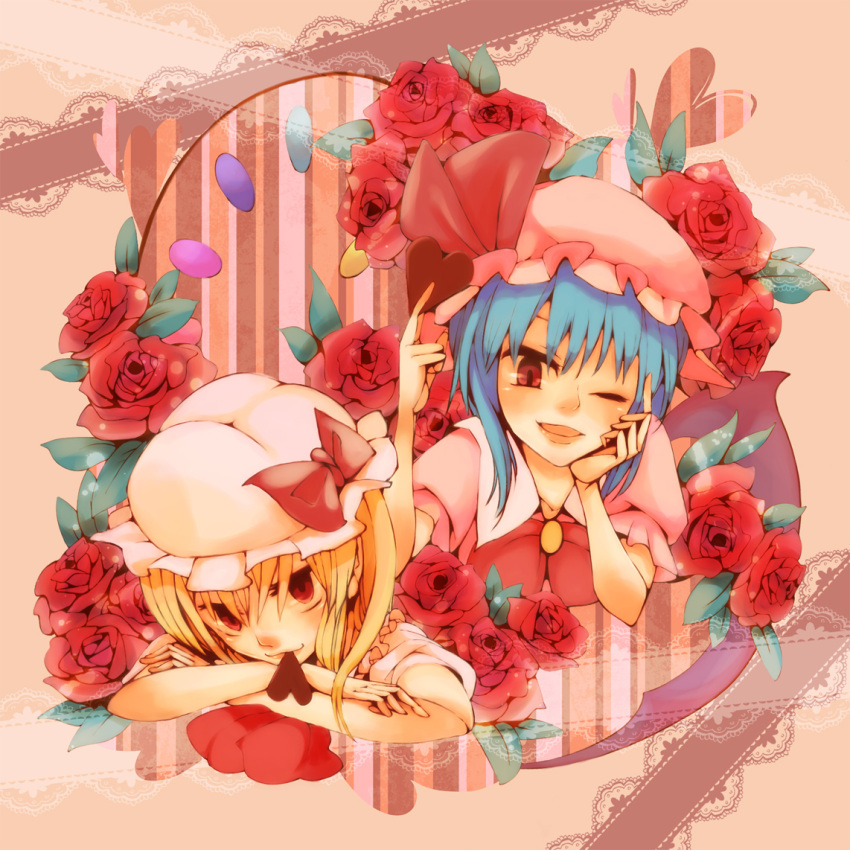2girls bat_wings blonde_hair blue_hair bow bowtie brown_background buutan closed_mouth collared_shirt crossed_arms flandre_scarlet floral_background flower hat index_finger_raised leaf mob_cap multiple_girls one_eye_closed open_mouth pink_headwear pink_shirt puffy_short_sleeves puffy_sleeves red_bow red_bowtie red_eyes red_flower red_rose remilia_scarlet rose shirt short_sleeves siblings simple_background sisters touhou upper_body white_headwear white_shirt wings