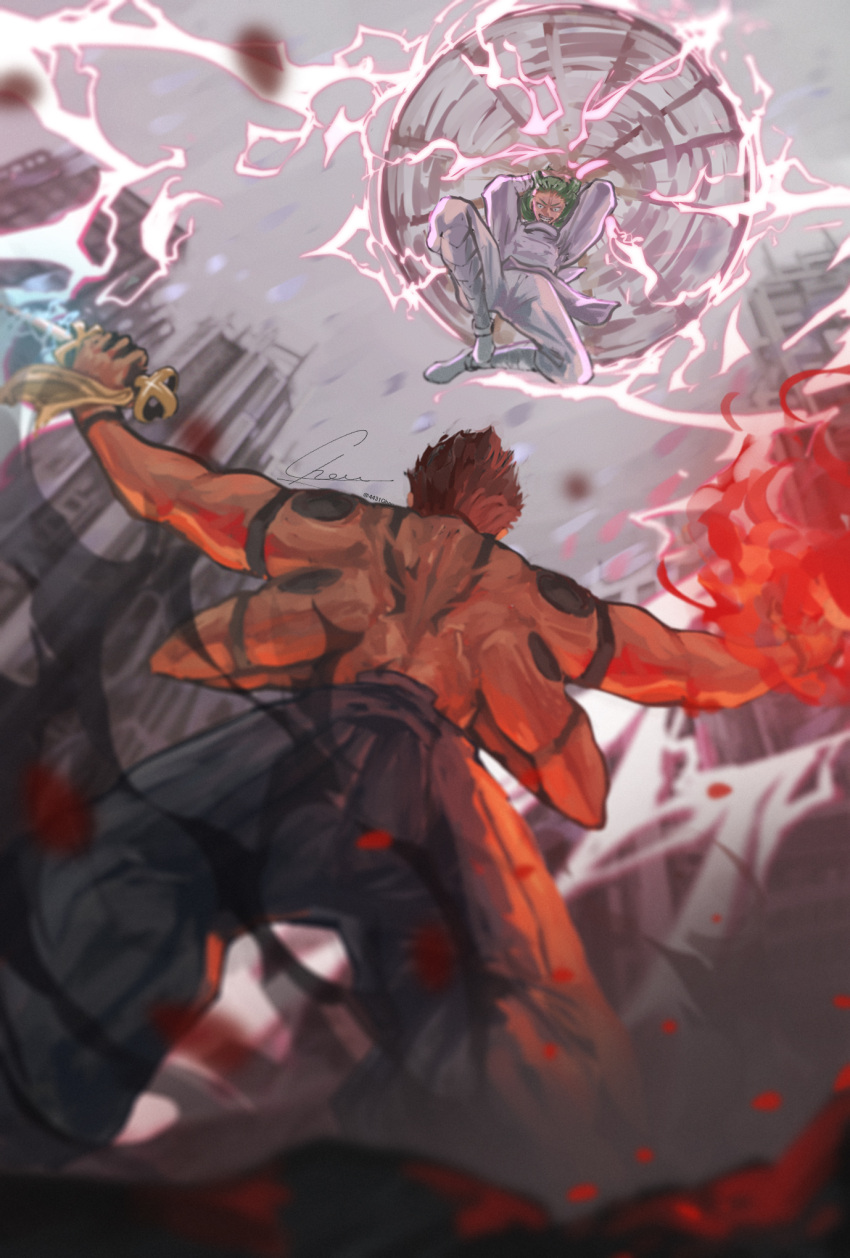 2boys arm_tattoo back_tattoo battle black_pants building city electricity extra_arms from_behind from_below green_hair grin highres holding holding_staff holding_weapon jujutsu_kaisen jumping kashimo_hajime multiple_boys muscular muscular_male pants redhead ryoumen_sukuna_(jujutsu_kaisen) scene_reference shirt smile spinning_weapon staff tattoo tomorrow4431 twintails weapon white_pants white_shirt