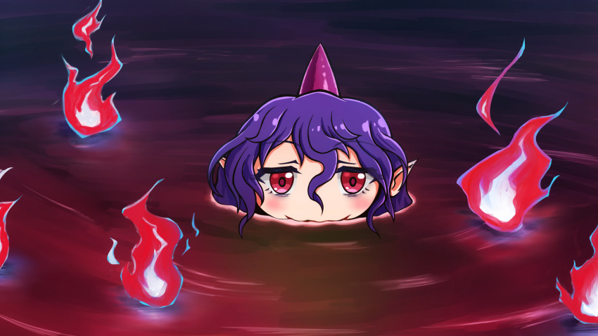 1girl bags_under_eyes blood blush drinking fireball half-closed_eyes head_only highres horns partially_submerged pointy_ears purple_hair red_eyes red_ocean single_horn smile solo tenkajin_chiyari touhou zanika
