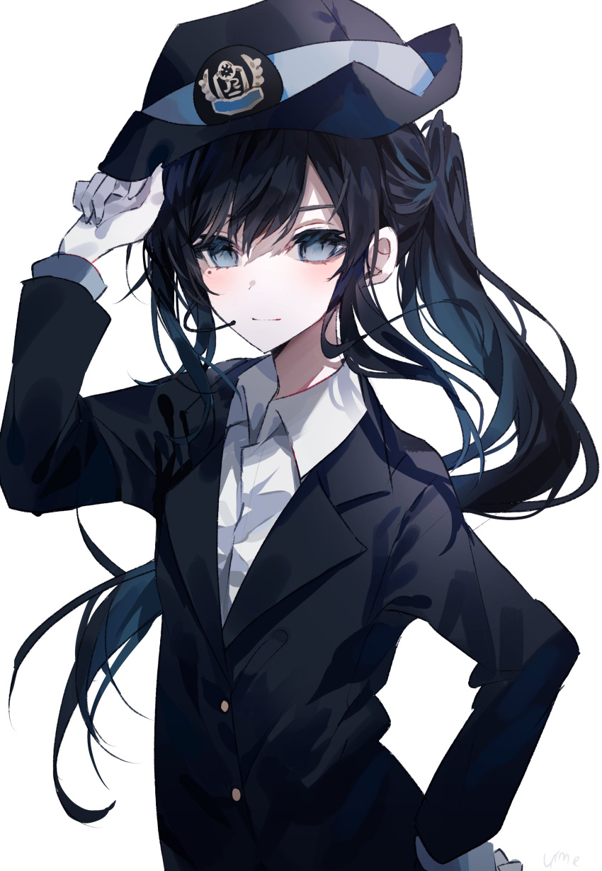 1girl absurdres ado_(utaite) black_hair black_headwear black_jacket blue_eyes chando_(ado) closed_mouth cloud_nine_inc collared_shirt commentary dress_shirt gloves hand_on_own_hip hat highres jacket japan_railways long_hair long_sleeves looking_at_viewer mole mole_under_eye official_alternate_costume ponytail shadow shirt sidelocks simple_background solo umemaro_(siona0908) utaite white_background white_gloves white_shirt