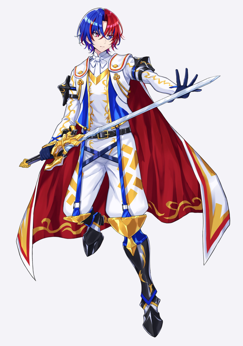 1boy alear_(fire_emblem) alear_(male)_(fire_emblem) belt black_belt blue_eyes blue_hair cape closed_mouth crossed_bangs fire_emblem fire_emblem_engage full_body gloves hair_between_eyes heterochromia highres holding holding_sword holding_weapon liberation_(fire_emblem) long_sleeves looking_down male_focus multicolored_hair red_eyes redhead shinae short_hair solo sword two-tone_hair weapon white_background