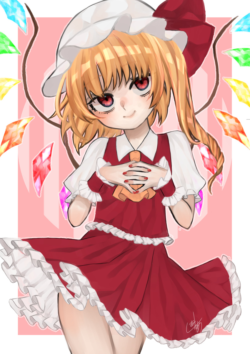 1girl absurdres ascot blonde_hair border closed_mouth collared_shirt cowboy_shot crystal flandre_scarlet frilled_skirt frilled_sleeves frilled_vest frills hat head_tilt highres interlocked_fingers light_smile looking_at_viewer medium_hair mob_cap multicolored_wings nail_polish one_side_up pink_background puffy_short_sleeves puffy_sleeves red_eyes red_nails red_skirt red_vest shiomi_lua shirt short_sleeves skirt skirt_set solo touhou vest white_border white_headwear white_shirt wings yellow_ascot
