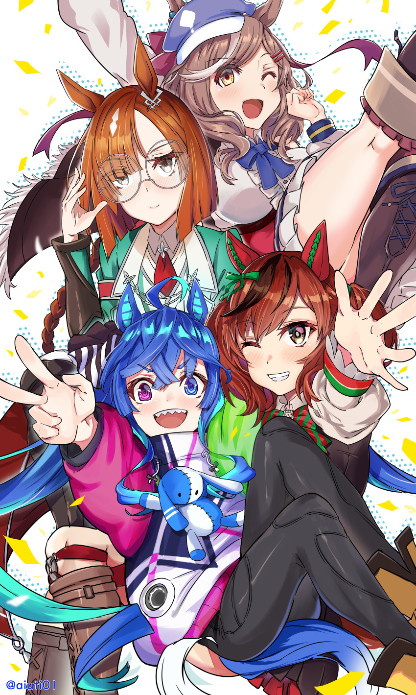 4girls :d ;d @_@ absurdres ahoge aiuti animal_ears aqua_hair arm_up black_leggings blue_bow blue_bowtie blue_eyes blue_hair blunt_ends blush bob_cut boots bow bowtie braid brown_footwear brown_hair cabbie_hat cape chain closed_mouth collared_shirt commentary confetti crossed_bangs drawstring dress ear_covers ear_ornament ears_through_headwear feet_out_of_frame floating frilled_shirt frills glasses green_bow green_jacket grey-framed_eyewear grey_eyes grin hair_bow hair_ornament hairclip hand_up hat heterochromia highres hood hoodie horse_ears horse_girl horse_tail ikuno_dictus_(umamusume) incredibly_absurdres jacket knee_boots knees_up lapels leg_up leggings light_brown_hair long_hair long_sleeves looking_at_viewer matikane_tannhauser_(umamusume) multicolored_clothes multicolored_hair multicolored_hoodie multiple_girls necktie nice_nature_(umamusume) notched_lapels one_eye_closed open_hand open_mouth orange_hair outline outstretched_arm pinafore_dress pleated_skirt polka_dot_outline red_bow red_necktie round_eyewear sharp_teeth shirt sidelocks single_braid skirt sleeveless sleeveless_dress smile streaked_hair striped_bow striped_bowtie striped_clothes stuffed_animal stuffed_rabbit stuffed_toy tail teeth thigh_strap twin_turbo_(umamusume) twintails twitter_username two-tone_hair umamusume upper_teeth_only v v-shaped_eyebrows very_long_hair violet_eyes white_background white_shirt yellow_eyes yellow_footwear