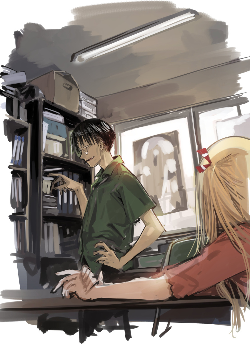 1boy 1girl absurdres arms_on_table black_eyes black_hair blonde_hair bookshelf border box cardboard_box ceiling_light clubroom collared_shirt commentary_request constricted_pupils day facing_away fading_border fang fluorescent_lamp genshiken glasses green_shirt hair_ribbon half-closed_eyes hand_on_own_hip hand_up highres ikuhana_niiro indoors long_hair looking_at_another looking_back madarame_harunobu outstretched_arms overexposure own_hands_together pink_shirt profile red_ribbon ribbon round_eyewear shirt short_hair short_sleeves smile standing susanna_hopkins table white_border window