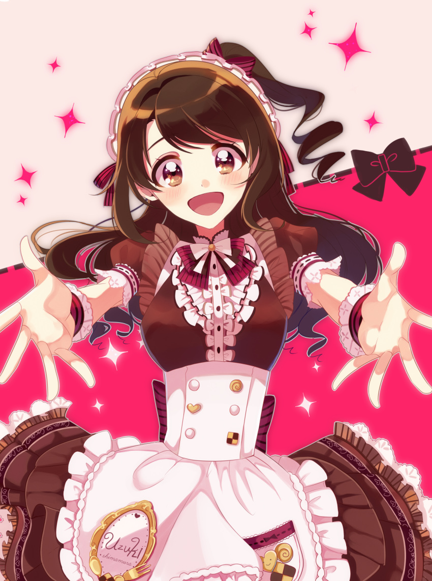1girl absurdres apron back_bow blush bow bowtie brown_eyes brown_hair buttons center_frills character_name checkerboard_cookie cookie curly_hair dress food frilled_apron frills hair_bow highres hinata_(kao-ri) idolmaster idolmaster_cinderella_girls idolmaster_cinderella_girls_starlight_stage lace-trimmed_dress lace-trimmed_sleeves lace_trim long_hair looking_at_viewer maid_headdress one_side_up open_mouth outstretched_arms reaching reaching_towards_viewer shimamura_uzuki short_sleeves smile solo striped_bow waist_apron wrist_cuffs