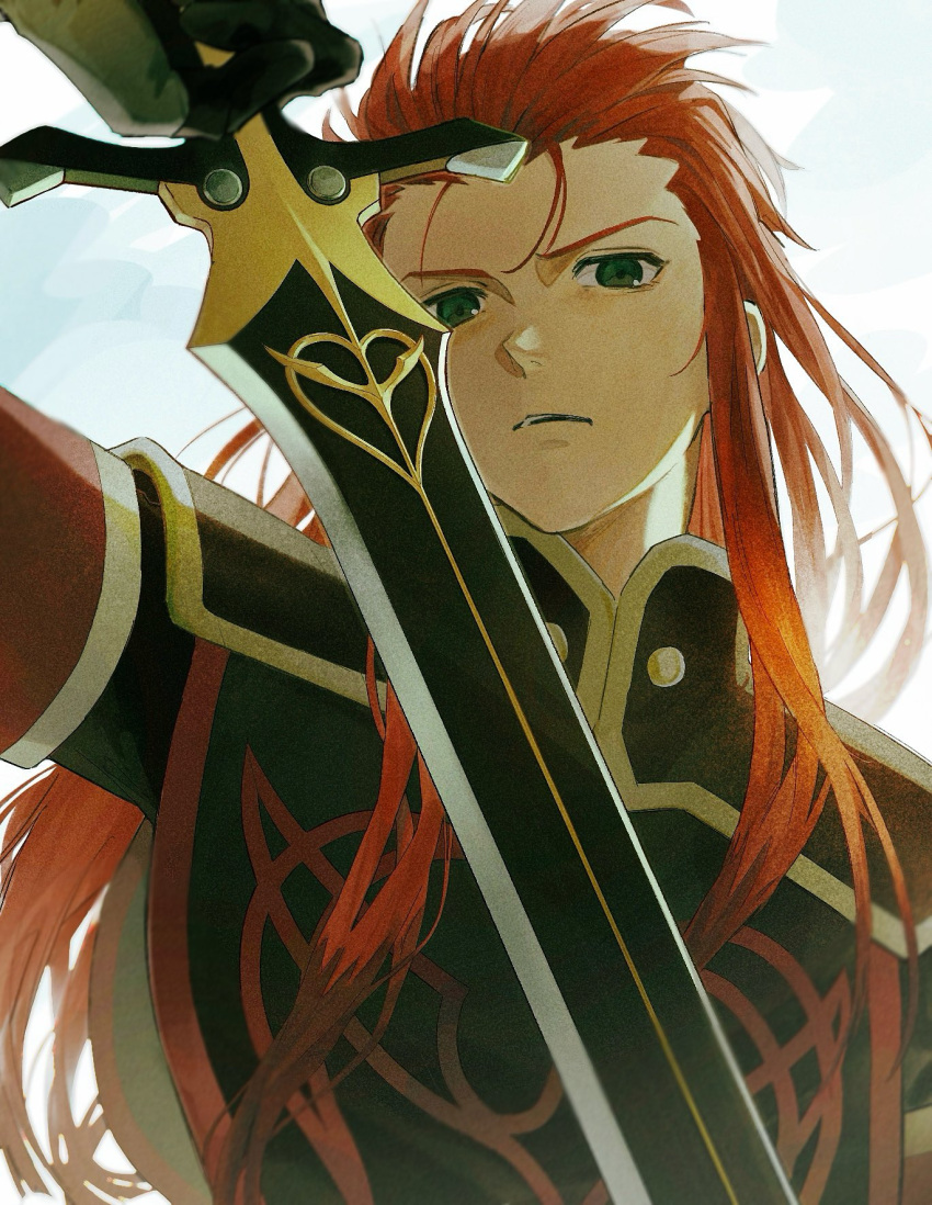 1boy asch_(tales) black_gloves black_tabard blue_sky clouds cloudy_sky commentary elbow_gloves gloves green_eyes hair_slicked_back hand_up high_collar highres holding holding_sword holding_weapon long_hair looking_at_viewer male_focus meba outdoors parted_lips redhead serious shoulder_pads sidelocks sky solo spiky_hair sword tabard tales_of_(series) tales_of_the_abyss upper_body weapon