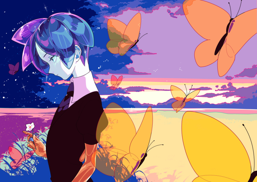 1other blue_hair bug butterfly closed_mouth clouds cloudy_sky collared_shirt crystal_hair flower from_side gem_uniform_(houseki_no_kuni) golden_arms grass houseki_no_kuni necktie other_focus phosphophyllite puffy_sleeves see-through shirt short_sleeves sky solo sparkle upper_body water yuigahama_(user_nevh3547)