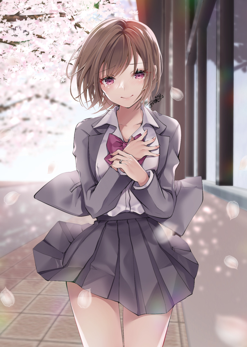 1girl akatsuki_hijiri blazer brown_hair cherry_blossoms closed_mouth collarbone crying crying_with_eyes_open day falling_petals grey_shirt grey_skirt hands_on_own_chest highres jacket jewelry looking_at_viewer medium_hair original outdoors petals pink_eyes pleated_skirt ring shirt shirt_tucked_in short_hair skirt smile solo standing tearing_up tears white_shirt