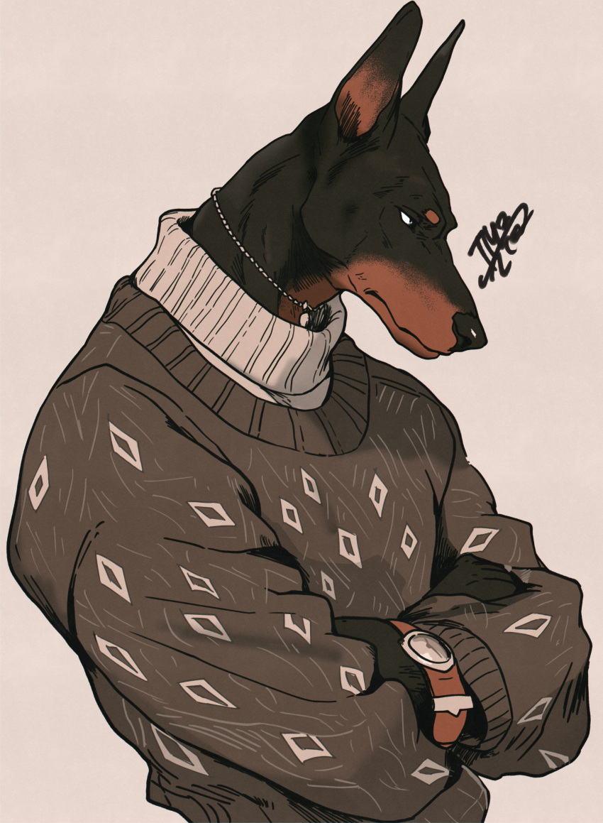 1boy absurdres animal_ears artist_name black_eyes black_fur body_fur brown_background brown_fur brown_sweater closed_mouth crossed_arms diamond_print doberman dog_boy dog_ears dog_tags furry furry_male highres jewelry long_sleeves looking_to_the_side male_focus necklace original sanpaku short_eyebrows signature simple_background solo sweater tomochiso turtleneck turtleneck_sweater upper_body watch watch
