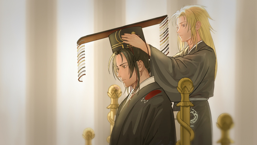 2boys black_hair black_robe blonde_hair blurry chin_strap chinese_clothes depth_of_field enki_(juuni_kokuki) from_side hand_up hanfu highres juuni_kokuki king king_en_(juuni_kokuki) long_hair long_sleeves looking_ahead male_focus mian_guan multiple_boys outstretched_arm profile putting_on_headwear robe ruen_(pixiv5872798) sash sitting standing throne updo violet_eyes wide_sleeves yaopei