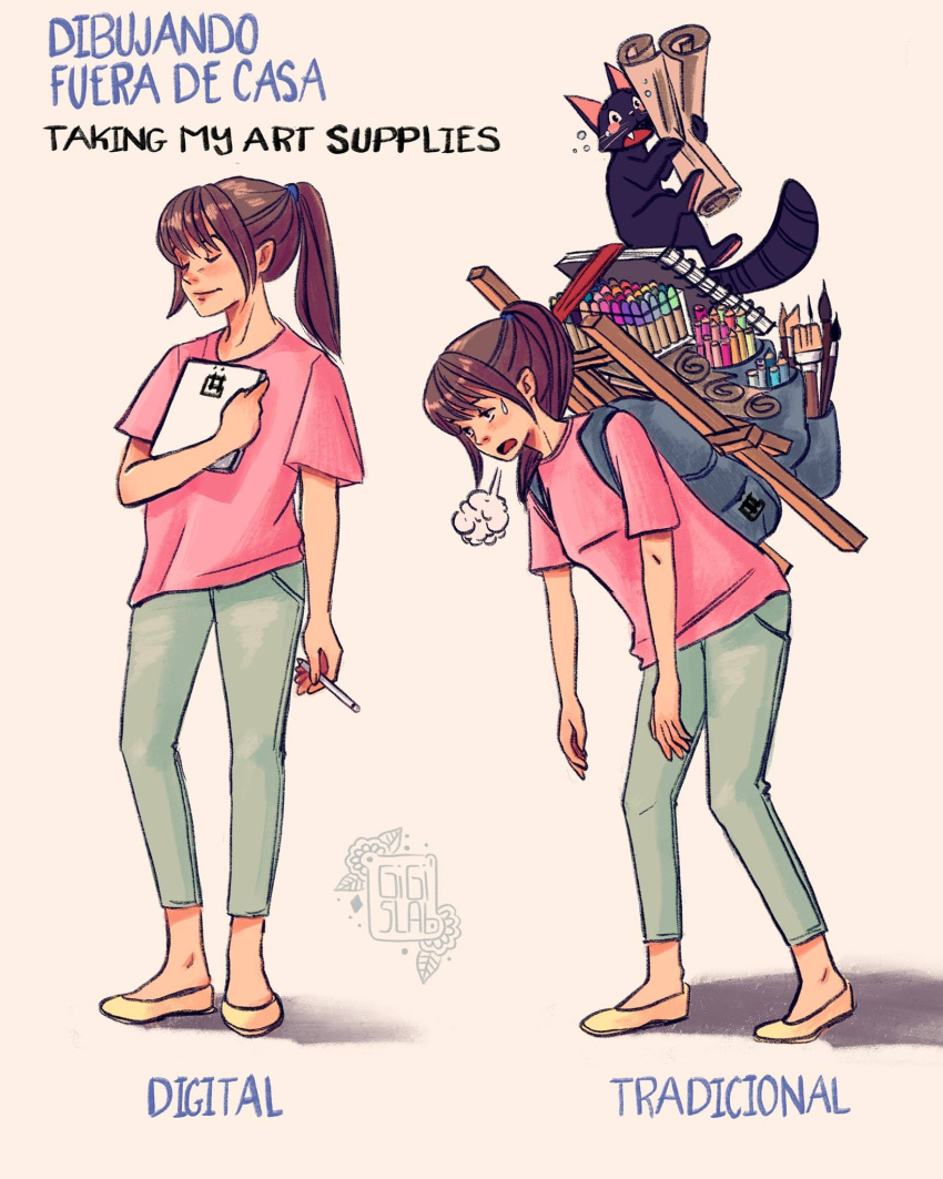 1girl artist_self-insert backpack bag brown_eyes brown_hair capri_pants cat colored_pencil commentary_request english_text flats gigis_lab green_pants highres holding holding_stylus holding_tablet_pc kiki_(gigis_lab) marker mixed-language_text original paintbrush pants pencil pink_shirt ponytail shirt signature sketchbook spanish_commentary spanish_text stylus sweatdrop tablet_pc translation_request