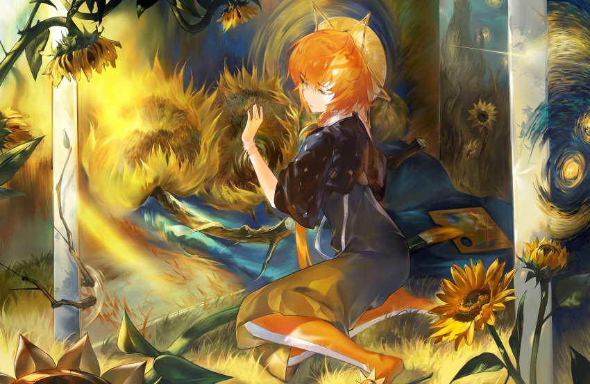 1girl absurdres blue_capelet blue_dress blue_eyes capelet chiaspicy closed_mouth dress english_commentary fate/grand_order fate_(series) flower full_body grass half-closed_eyes highres looking_down medium_hair orange_hair paintbrush painting_(object) palette_(object) red_socks ripples sitting socks solo starry_night_(van_gogh) sunflower van_gogh_(fate) yellow_headwear yokozuwari
