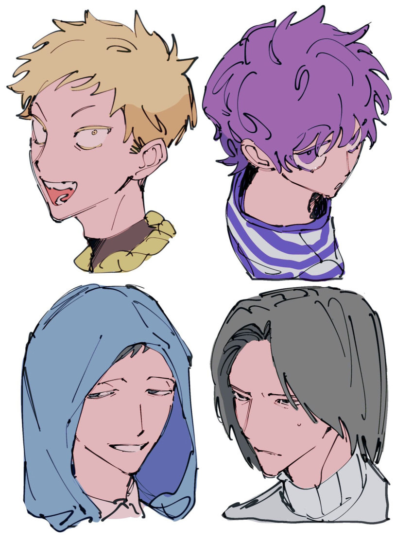 4boys bandana bandana_around_neck black_eyes black_hair blonde_hair blue_eyes collared_shirt commentary_request constricted_pupils cropped_head cropped_shoulders curtained_hair grin hacchi_(napoli_no_otokotachi) half-closed_eyes highres hood hood_up jack-o'_ran-tan light_frown looking_at_viewer male_focus multiple_boys naotin3333 napoli_no_otokotachi purple_hair purple_shirt shirt short_hair shu3_(napoli_no_otokotachi) simple_background smile striped_clothes striped_shirt sugiru_(napoli_no_otokotachi) sweat sweater tareme turtleneck turtleneck_sweater v-shaped_eyebrows violet_eyes white_background white_sweater yellow_bandana yellow_eyes