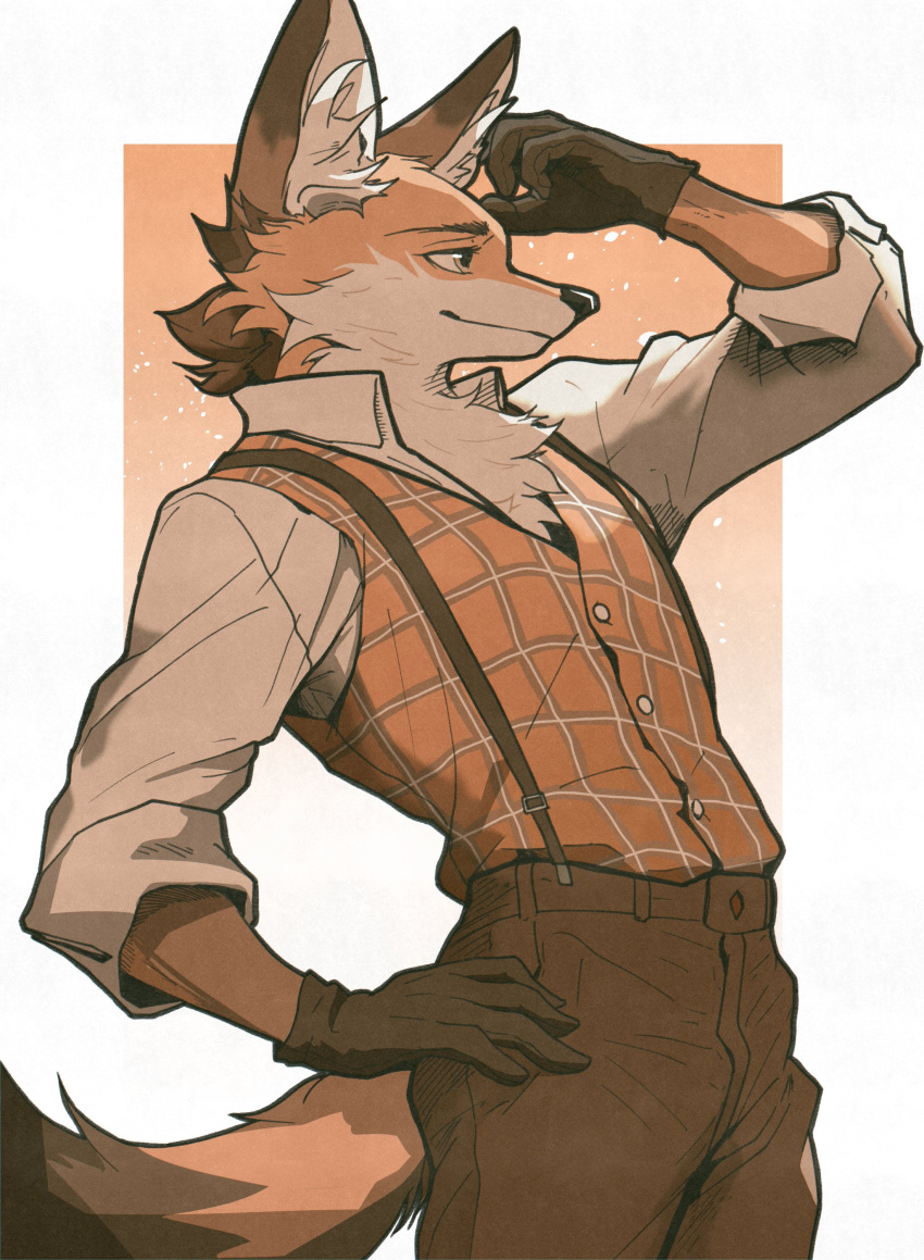 1boy absurdres animal_ear_fluff animal_ears arm_up body_fur brown_eyes brown_fur brown_gloves brown_pants brown_shirt brown_theme brown_vest closed_mouth collared_shirt commentary cowboy_shot fox_boy fox_ears fox_tail furry furry_male gloves hand_on_own_hip highres looking_to_the_side male_focus orange_background orange_fur original pants plaid plaid_vest shading_eyes shirt simple_background smile solo suspenders symbol-only_commentary tail tomochiso vest