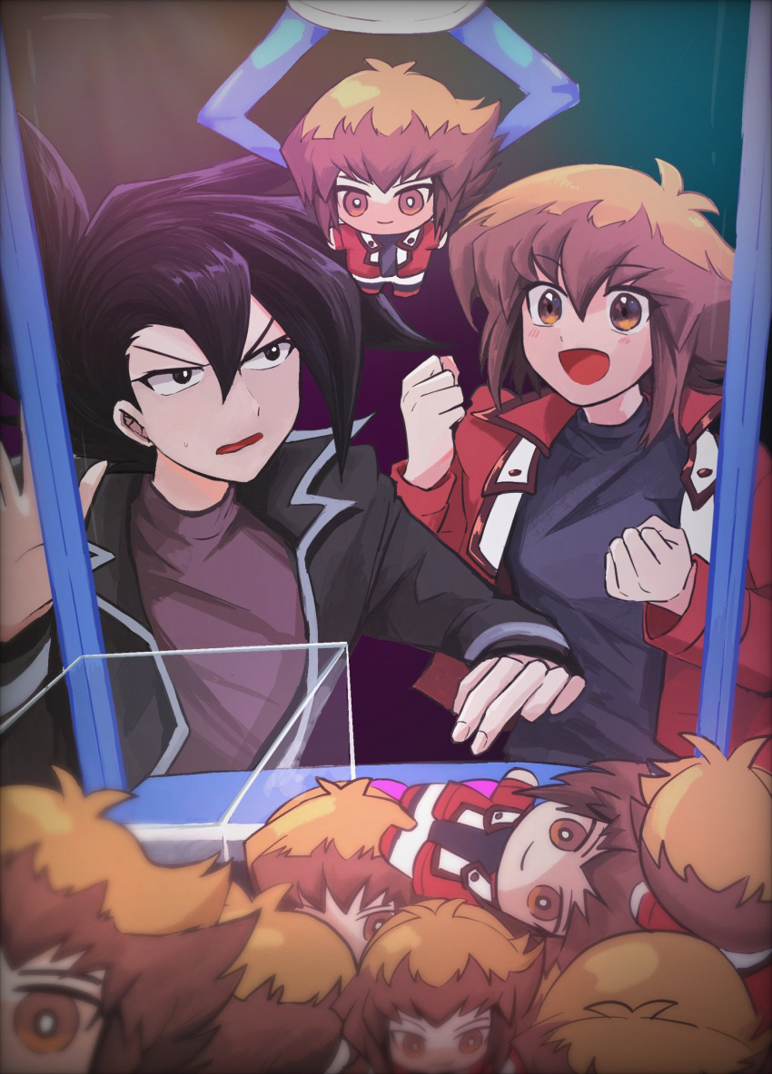 2boys against_glass black_eyes black_hair black_jacket black_shirt bright_pupils brown_hair character_doll clenched_hands commentary_request crane_game duel_academy_uniform_(yu-gi-oh!_gx) hand_up hands_up happy highres indoors jacket male_focus manjoume_jun multiple_boys open_clothes open_jacket open_mouth purple_shirt red_jacket shirt short_hair smile spiky_hair stuffed_toy sweatdrop ten_(100000_910) turtleneck_shirt upper_body yu-gi-oh! yu-gi-oh!_gx yuuki_juudai