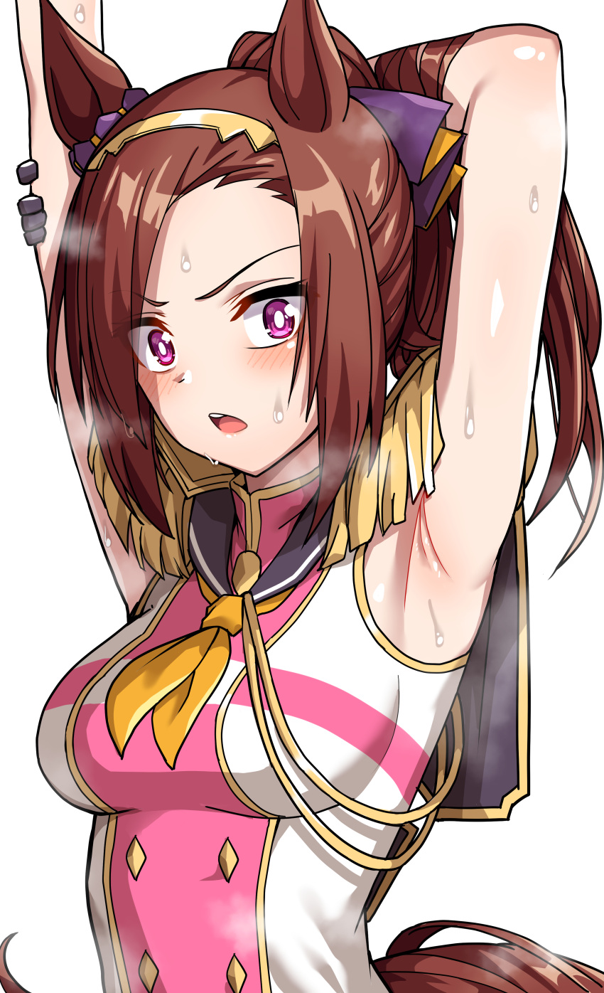 1girl absurdres aiguillette animal_ears ao_(user_xcnx5328) arm_behind_head armpits arms_up black_sailor_collar blush bright_pupils brown_hair commentary_request ear_ribbon epaulettes frown hair_ribbon hairband hand_on_own_arm highres horse_ears horse_girl horse_tail korean_commentary long_bangs long_hair looking_at_viewer necktie open_mouth orange_necktie pink_shirt ponytail purple_ribbon ribbon sailor_collar sakura_bakushin_o_(umamusume) shirt sleeveless sleeveless_shirt solo standing steam stretching sweat tail umamusume violet_eyes white_pupils yellow_hairband