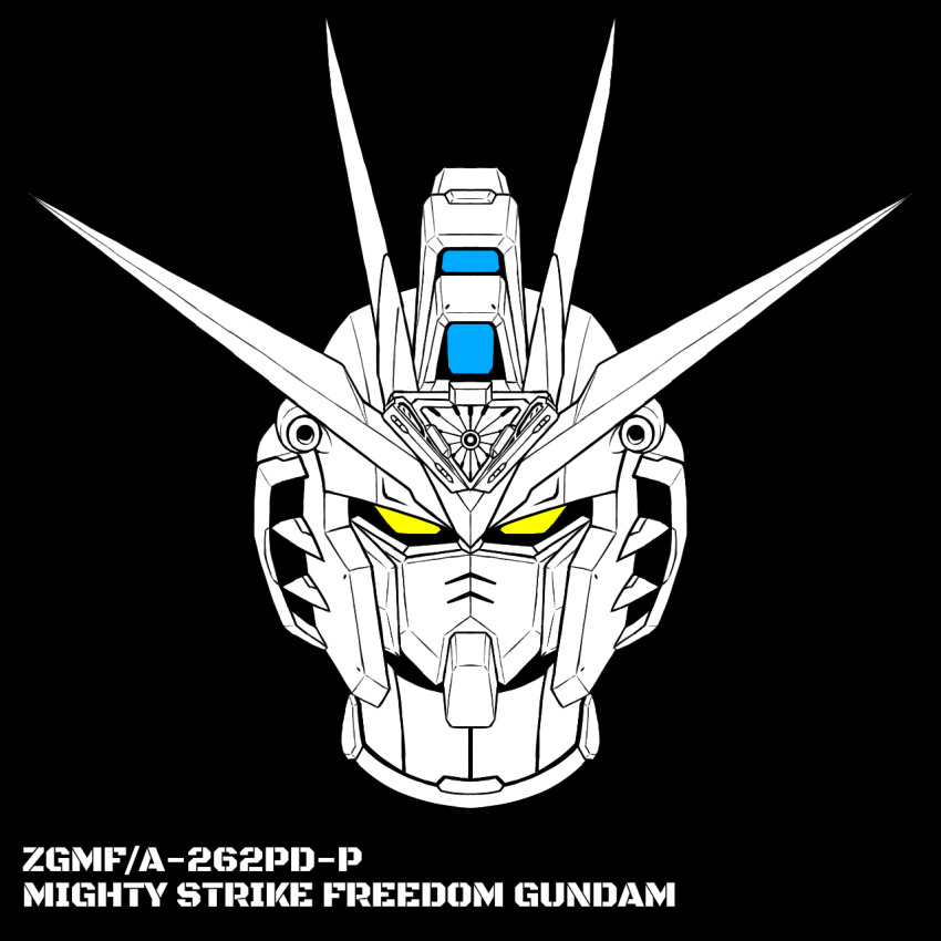 black_background character_name check_commentary commentary_request english_text gundam gundam_seed gundam_seed_freedom highres looking_at_viewer mecha mighty_strike_freedom_gundam no_humans portrait robot solo spoilers spot_color v-fin xiphias_(mmi-m15e) yellow_eyes