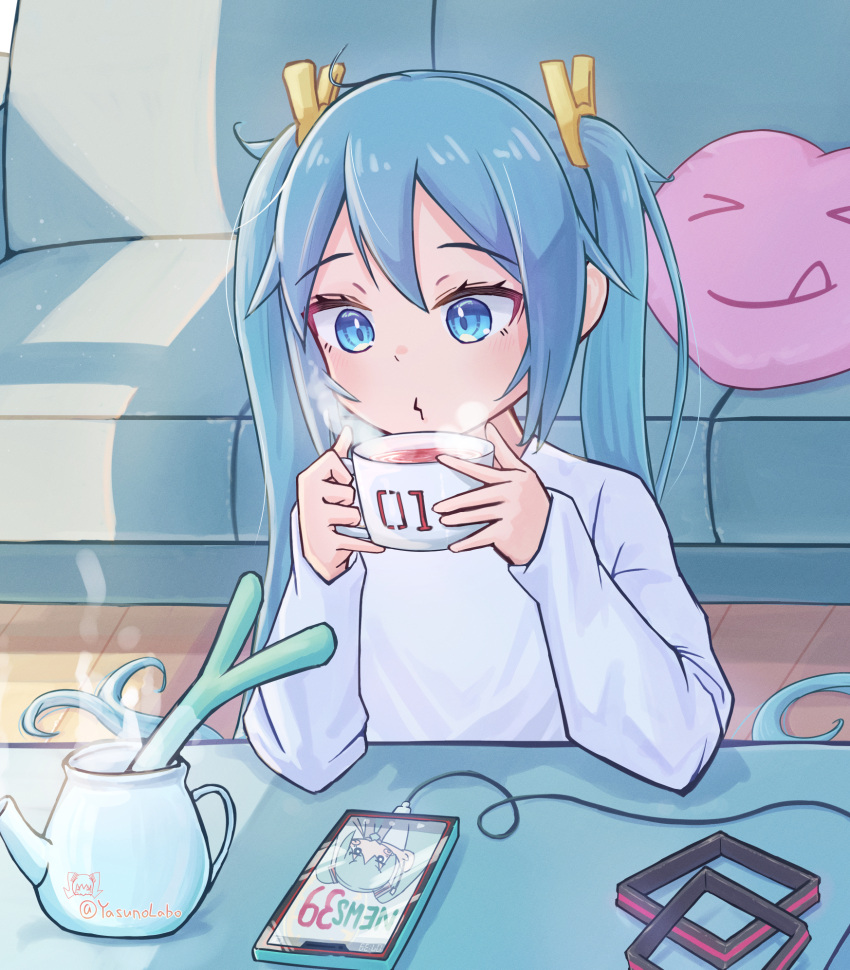1girl 39 blue_eyes blue_hair cable cellphone couch cup elbow_rest hatsune_miku heart heart-shaped_pillow highres holding holding_cup long_hair long_sleeves mug phone pillow pursed_lips sitting smartphone solo spring_onion steam table tea teacup twintails unworn_hair_ornament very_long_hair vocaloid yasuno-labo
