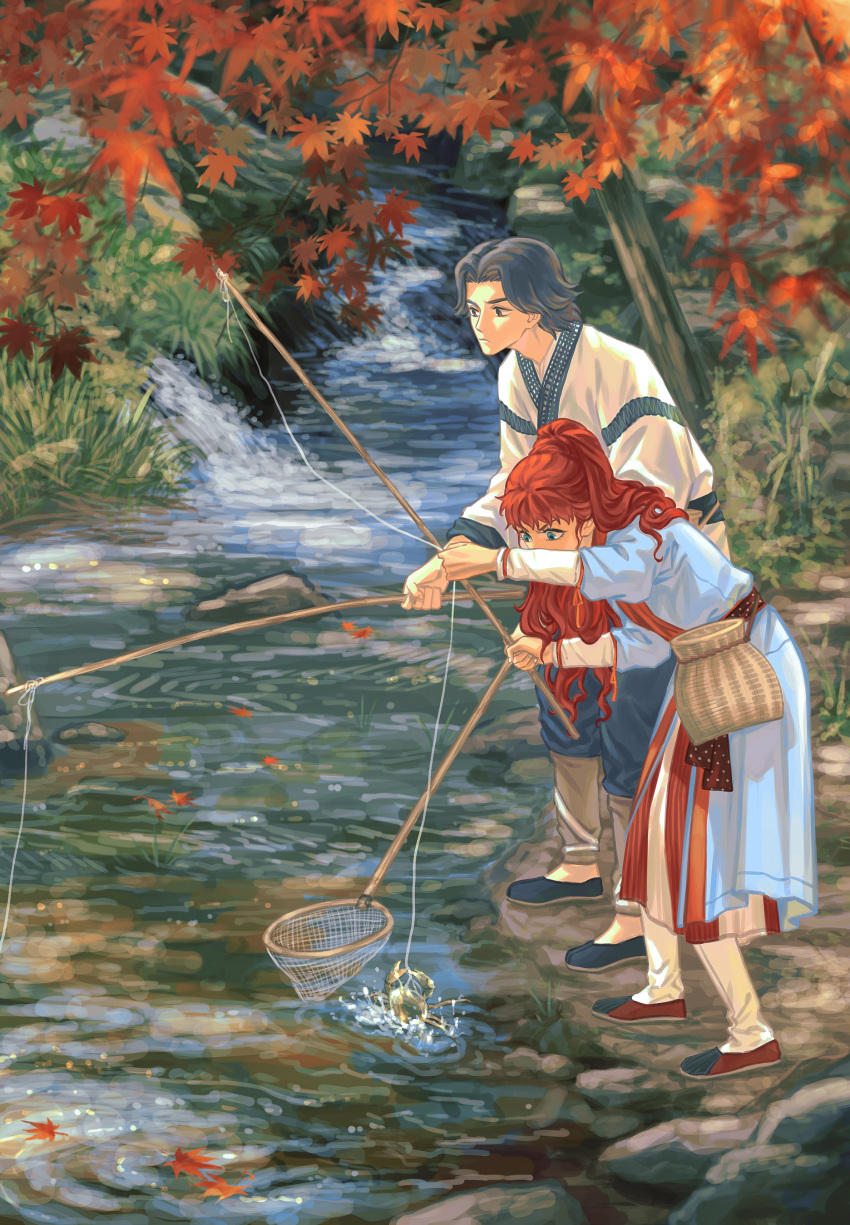 1boy 1girl absurdres autumn_leaves basket blue_eyes blue_footwear blue_pants blue_robe butterfly_net chinese_clothes covered_mouth crab day fishing fishing_rod flats from_side hair_over_shoulder hand_net hand_up hanfu highres holding holding_fishing_rod juuni_kokuki leaf leaning_forward long_hair long_sleeves looking_ahead looking_down maple_leaf nakajima_youko nature pants parted_lips ponytail rakushun_(juuni_kokuki) red_footwear redhead robe sash shirt shore short_hair side-by-side standing stream two-tone_footwear very_long_hair water white_pants white_shirt yi_(199702090505)