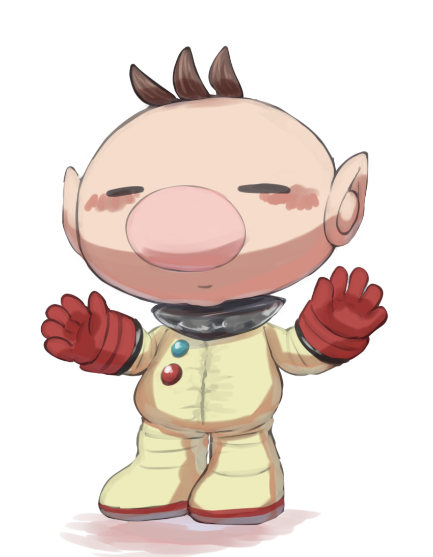 1boy big_nose blush brown_hair buttons closed_eyes closed_mouth commentary_request full_body gloves highres male_focus no_headwear olimar outstretched_arms pikmin_(series) pink_nose pointy_ears red_gloves shadow short_hair simple_background smile solo spacesuit usuba_(hatomugip) very_short_hair white_background
