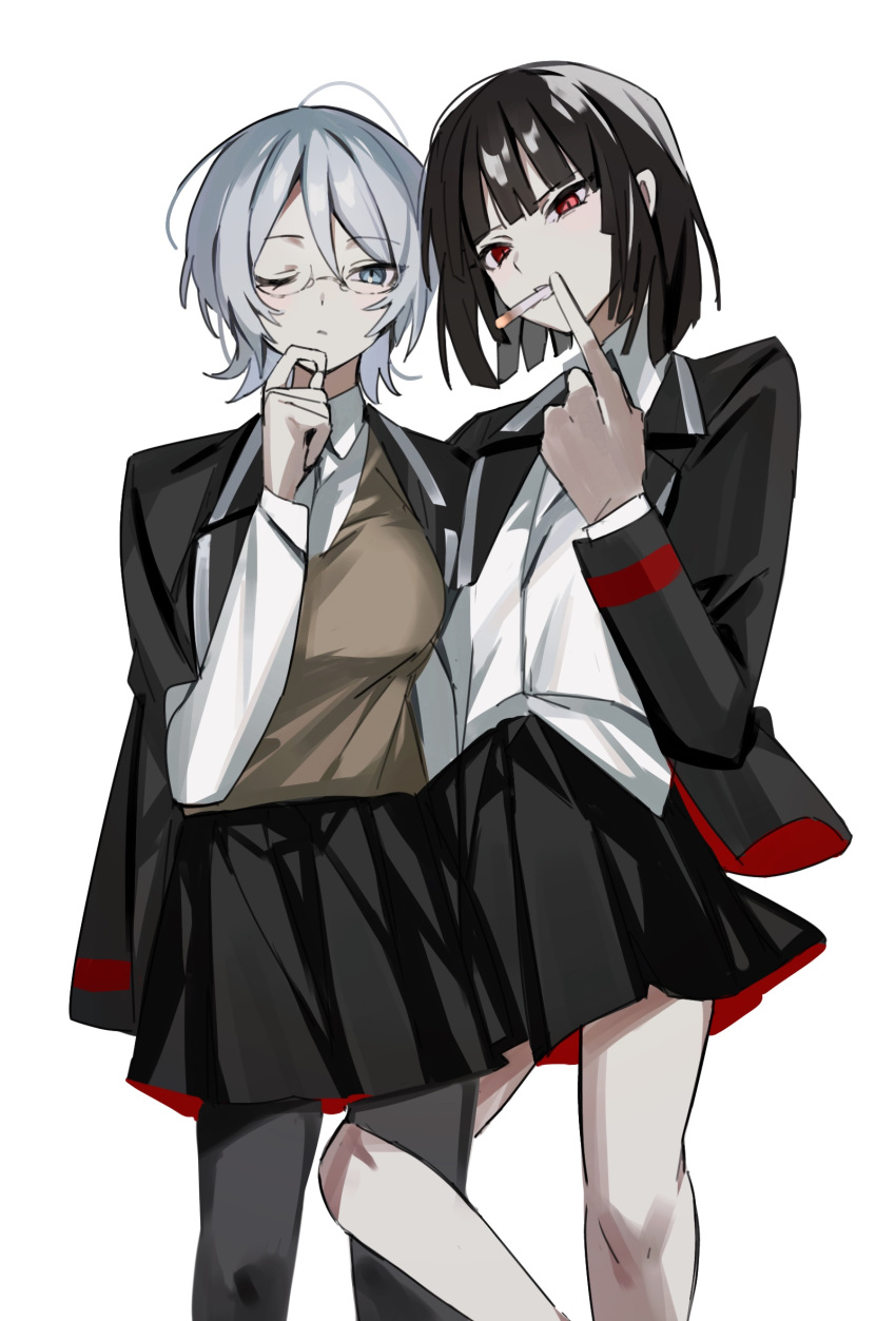 2girls black_hair black_jacket black_pantyhose black_skirt blue_eyes blunt_bangs blunt_ends brown_sweater_vest cigarette closed_mouth collared_shirt expressionless faust_(project_moon) glasses hair_between_eyes hand_on_own_chin hand_up highres jacket jacket_on_shoulders leg_around_another's_leg leg_lock limbus_company long_sleeves looking_at_viewer mu46016419 multiple_girls one_eye_closed open_clothes open_jacket pantyhose pleated_skirt project_moon red_eyes ryoshu_(project_moon) shirt short_hair simple_background skirt smoking standing sweater_vest white_background white_hair white_shirt