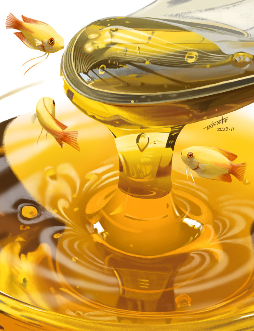 bubble commentary_request dated fish fish_request food food_focus highres honey no_humans original reflection signature tainosuke transparent