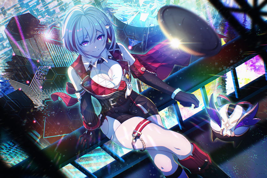 1girl bare_shoulders boots chinese_wolfberry elbow_gloves gloves highres honkai:_star_rail honkai_(series) looking_at_viewer medium_hair numby_(honkai:_star_rail) pink_eyes thighs topaz_(honkai:_star_rail) trotter_(honkai:_star_rail) white_hair