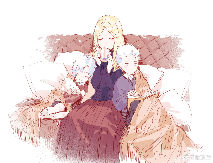 1girl aged_down blonde_hair blue_eyes blush book closed_eyes closed_mouth covering_with_blanket cup dante_(devil_may_cry) devil_may_cry_(series) eva_(devil_may_cry) family hair_slicked_back highres holding holding_cup long_hair mother_and_child mother_and_son multiple_boys parent_and_child siblings simple_background smile stuffed_animal stuffed_toy teddy_bear vergil_(devil_may_cry) weibo_2929299473 white_hair