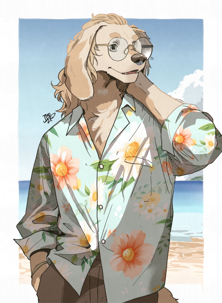 1boy absurdres animal_ears arm_behind_head artist_name beach blue_background blue_shirt blue_sky body_fur breast_pocket brown_eyes brown_fur brown_hair brown_pants clouds collared_shirt dog_boy dog_ears dog_tail fangs furry furry_male glasses hand_in_pocket hawaiian_shirt highres long_hair looking_to_the_side ocean open_mouth original outdoors pants pocket round_eyewear sand shirt shore signature sky solo standing tail thick_eyebrows tomochiso upper_body water