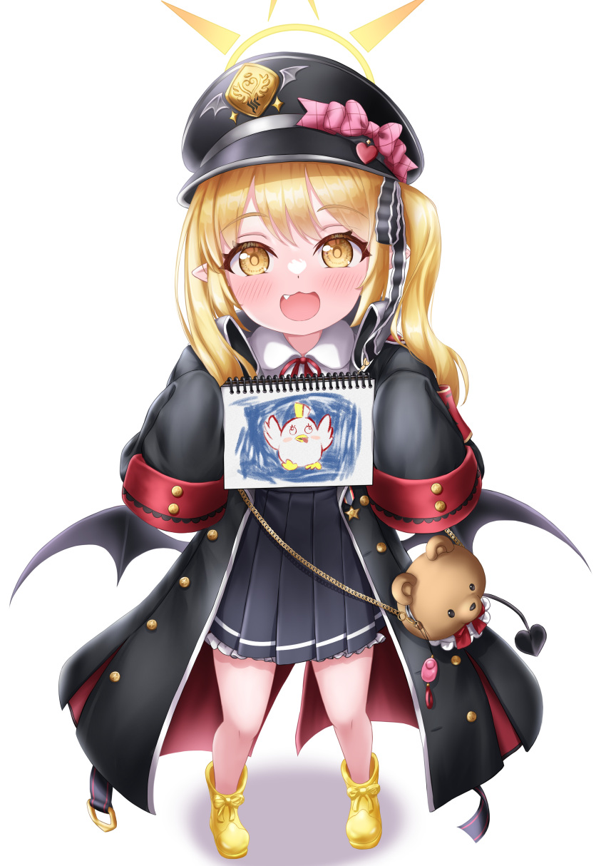 1girl :3 absurdres black_coat black_headwear black_skirt blonde_hair blue_archive boots child's_drawing coat commentary demon_girl demon_tail demon_wings fang full_body halo hat highres holding ibuki_(blue_archive) kuma_piv long_sleeves looking_at_viewer military_hat miniskirt one_side_up open_mouth oversized_clothes peaked_cap pleated_skirt pointy_ears skirt sleeves_past_fingers sleeves_past_wrists solo standing tail wings yellow_eyes yellow_footwear yellow_halo