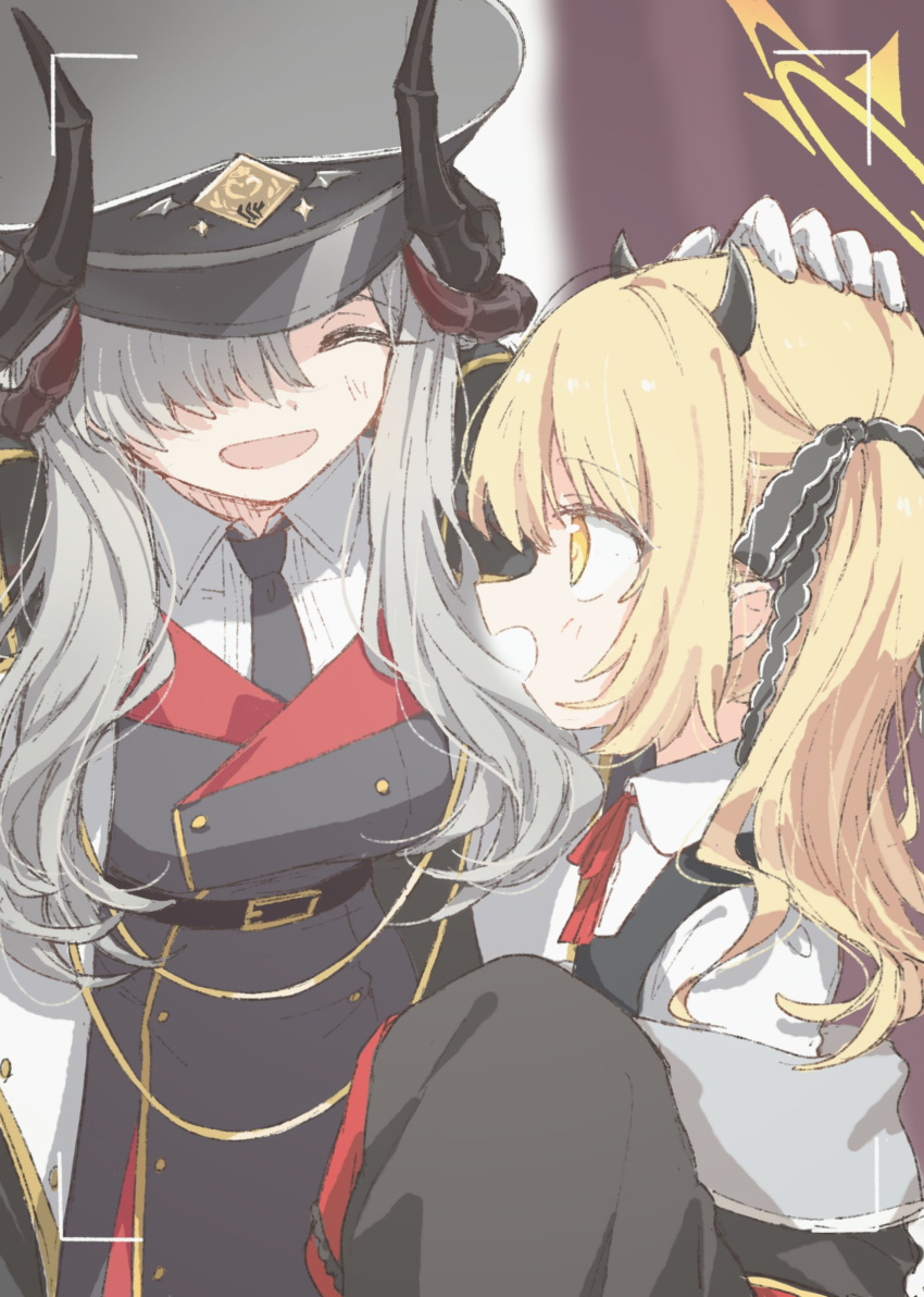 2girls absurdres belt black_horns blonde_hair blue_archive breasts closed_eyes demon_horns gloves halo hat highres horns ibuki_(blue_archive) jacket makoto_(blue_archive) matsuda_hikari military military_jacket multiple_girls multiple_horns necktie open_mouth peaked_cap smile twintails uniform white_hair yellow_eyes yellow_halo