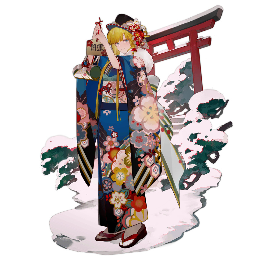 1girl black_headwear blonde_hair blue_eyes blue_kimono blunt_bangs braid branch closed_mouth ema floral_print floral_print_kimono flower foliage full_body girls_frontline hat hat_flower highres holding holding_ema japanese_clothes kimono long_hair long_sleeves looking_at_viewer obi object_request official_alternate_costume official_art okobo peaked_cap ppd-40_(girls'_frontline) ppd-40_(tranquil_mountain_in_the_gloom)_(girls'_frontline) print_kimono red_flower sandals sash shuaigegentou smile snow socks solo standing tabi third-party_source torii transparent_background very_long_hair white_sash white_socks wide_sleeves