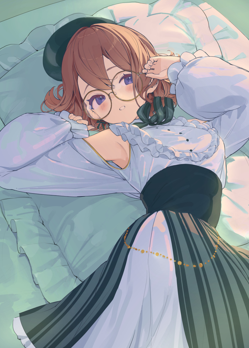 1girl absurdres armpits bare_shoulders bed beret blush brown_hair commentary commission frilled_sleeves frills glasses green_headwear green_skirt grin hair_between_eyes hat highres indie_virtual_youtuber long_sleeves looking_at_viewer lying medium_skirt nametarou_(meron) on_back on_bed pillow ribbon shirt short_hair skeb_commission skirt smile solo ueno_momoka white_shirt