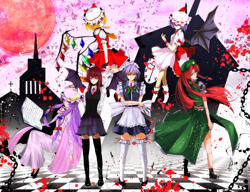 6+girls apron arms_behind_back back_bow bat_wings black_footwear black_thighhighs black_vest blonde_hair blue_skirt blue_vest bow breasts brooch center_frills checkered_floor clock clock_tower closed_mouth collared_shirt crescent crescent_hat_ornament crossed_arms dress embodiment_of_scarlet_devil flandre_scarlet flying frilled_apron frilled_skirt frilled_thighhighs frills full_body glowing glowing_eyes green_skirt green_vest hat hat_ornament hat_ribbon head_wings hong_meiling izayoi_sakuya jewelry knife koakuma large_bow light_trail long_hair long_sleeves looking_at_viewer maid maid_headdress medium_hair mob_cap moon multicolored_wings multiple_girls necktie no_socks patchouli_knowledge pigeon-toed pink_dress pink_headwear pink_necktie pink_shirt pink_skirt puffy_short_sleeves puffy_sleeves purple_hair purple_skirt red_bow red_brooch red_eyes red_moon red_ribbon red_vest redhead remilia_scarlet ribbon ribbon-trimmed_headwear ribbon_trim sakura_shounen_(hiroz) scarlet_devil_mansion shirt shoe_soles short_sleeves skirt skirt_set sleeve_ribbon small_breasts standing thigh-highs throwing_knife touhou tower very_long_hair vest violet_eyes waist_apron weapon white_apron white_headwear white_shirt white_thighhighs wings wrist_cuffs zettai_ryouiki