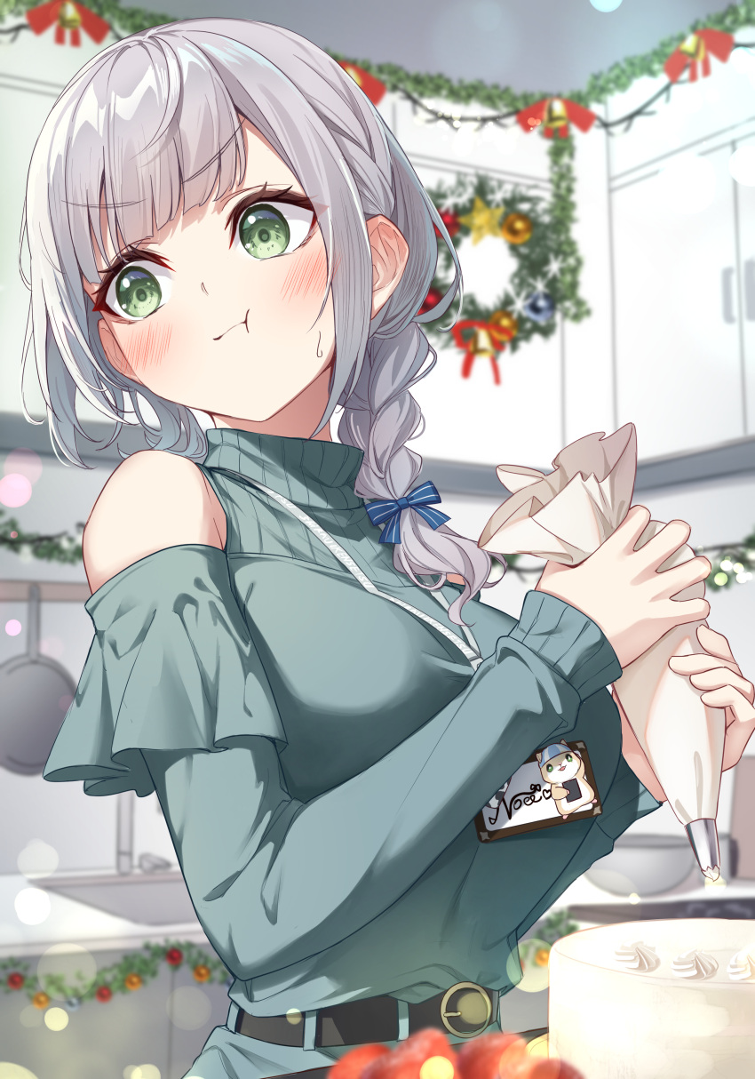 1girl absurdres alternate_costume belt black_belt blurry blurry_background blush bokeh braid breasts cake christmas christmas_wreath closed_mouth commentary depth_of_field food furrowed_brow green_eyes green_shirt grey_hair hair_over_shoulder highres holding hololive indoors kitchen lanyard large_breasts long_sleeves medium_hair pout shirogane_noel shirt side_braid single_braid solo tang-du turtleneck upper_body v-shaped_eyebrows virtual_youtuber wreath