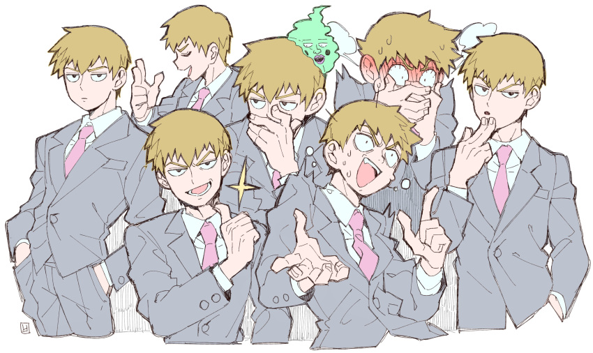 1boy absurdres black_eyes blonde_hair bloodshot_eyes blush closed_mouth collared_shirt commentary_request constricted_pupils covering_own_mouth cropped_legs cropped_torso ekubo_(mob_psycho_100) expressionless grey_jacket grey_pants grey_suit hands_in_pockets highres index_finger_raised jacket jitome male_focus mob_psycho_100 multiple_views necktie nervous_smile nervous_sweating open_mouth panicking pants pink_necktie pointing pointing_at_self pointing_with_thumb reigen_arataka sanpaku shirt short_hair simple_background smile smirk sparkle spirit steam_from_ears suit suit_jacket sweat thinking v-shaped_eyebrows white_background white_shirt wide-eyed yasubaru