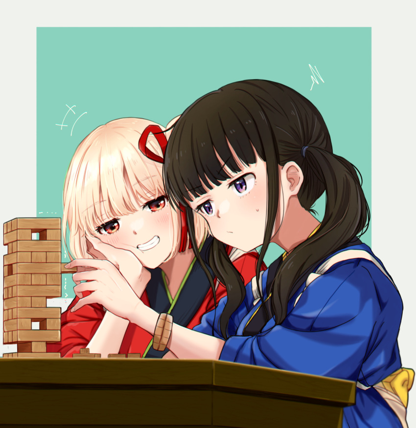 2girls black_hair blonde_hair blue_background blue_kimono blunt_bangs blush bracelet clenched_teeth closed_mouth commentary_request futaba_(rei-futaba) grin hair_ribbon head_rest highres inoue_takina japanese_clothes jenga jewelry kimono long_hair looking_at_another lycoris_recoil multiple_girls nishikigi_chisato official_alternate_costume one_side_up red_eyes red_kimono red_ribbon ribbon short_hair sidelocks smile sweatdrop teeth twintails violet_eyes