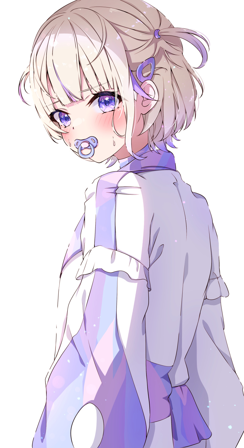 1girl absurdres blonde_hair blush hair_ornament hairclip highres hololive hololive_dev_is jacket long_sleeves looking_at_viewer multicolored_clothes multicolored_hair multicolored_jacket pacifier purple_hair purple_jacket simple_background streaked_hair sweat t4n4k4_no_yosei todoroki_hajime two-tone_jacket two_side_up upper_body violet_eyes virtual_youtuber white_background white_jacket
