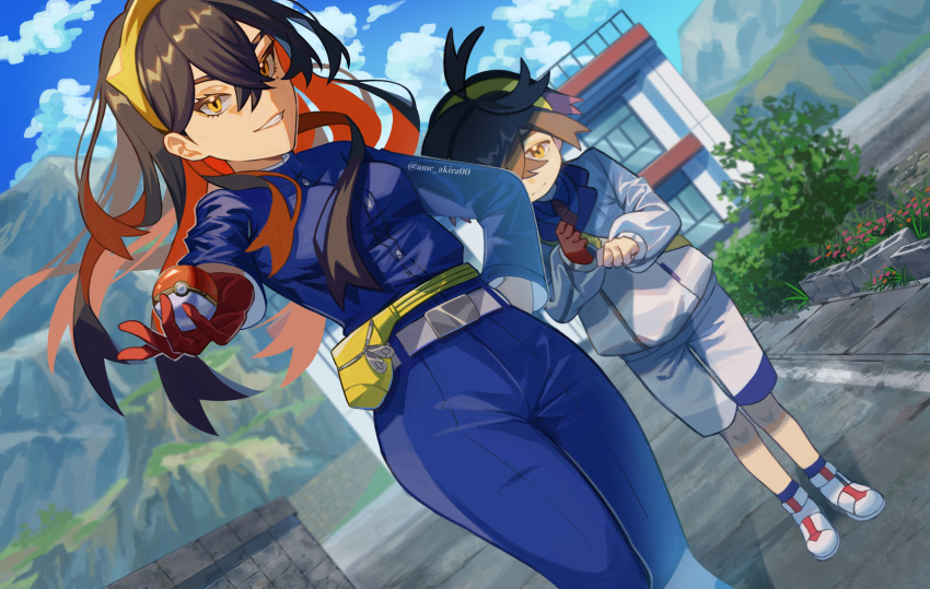 1boy 1girl absurdres ame_akira belt belt_buckle black_hair blue_jacket blue_pants brother_and_sister buckle building bush carmine_(pokemon) clouds collared_shirt commentary_request day fanny_pack gloves grin hair_between_eyes hairband highres holding holding_poke_ball jacket kieran_(pokemon) knees outdoors pants poke_ball poke_ball_(basic) pokemon pokemon_sv shirt shoes short_hair shorts siblings single_glove sky smile socks standing teeth yellow_bag yellow_hairband