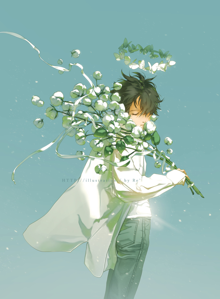 1boy black_hair blue_pants blue_sky bug butterfly closed_eyes closed_mouth day denim flower halo highres holding holding_flower long_sleeves male_focus original outdoors pants rido_(ridograph) shirt sky solo white_flower white_shirt