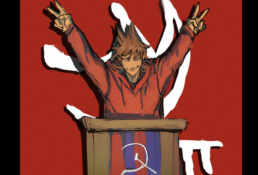 1boy arms_up black_eyes brown_hair closed_mouth commentary dora_(dorrra05) double_v drop_shadow eddsworld flipped_hair half-closed_eyes hammer_and_sickle highres hood hood_down hoodie lectern long_sleeves looking_at_viewer male_focus medium_hair pillarboxed red_background red_hoodie smirk solo spiky_hair symbol-only_commentary tord_(eddsworld) upper_body v victory_pose