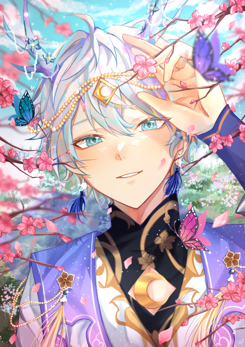 1boy absurdres ahoge antlers bishounen blue_eyes blue_sky bug butterfly cherry_blossoms commentary earrings ensemble_stars! falling_petals field flower flower_field grey_hair hair_between_eyes hand_up highres horns jewelry light_particles looking_at_viewer male_focus parted_lips petals portrait sena_izumi_(ensemble_stars!) short_hair sky smile solo sparkle user_mayx3335