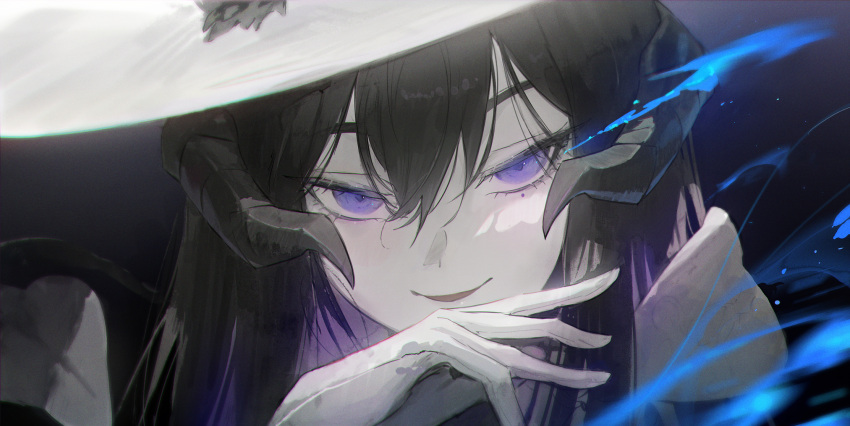 1girl black_hair commentary constance_(honkai:_star_rail) highres honkai:_star_rail honkai_(series) horns long_hair looking_at_viewer parted_lips smile solo violet_eyes white_headwear yonesdraws
