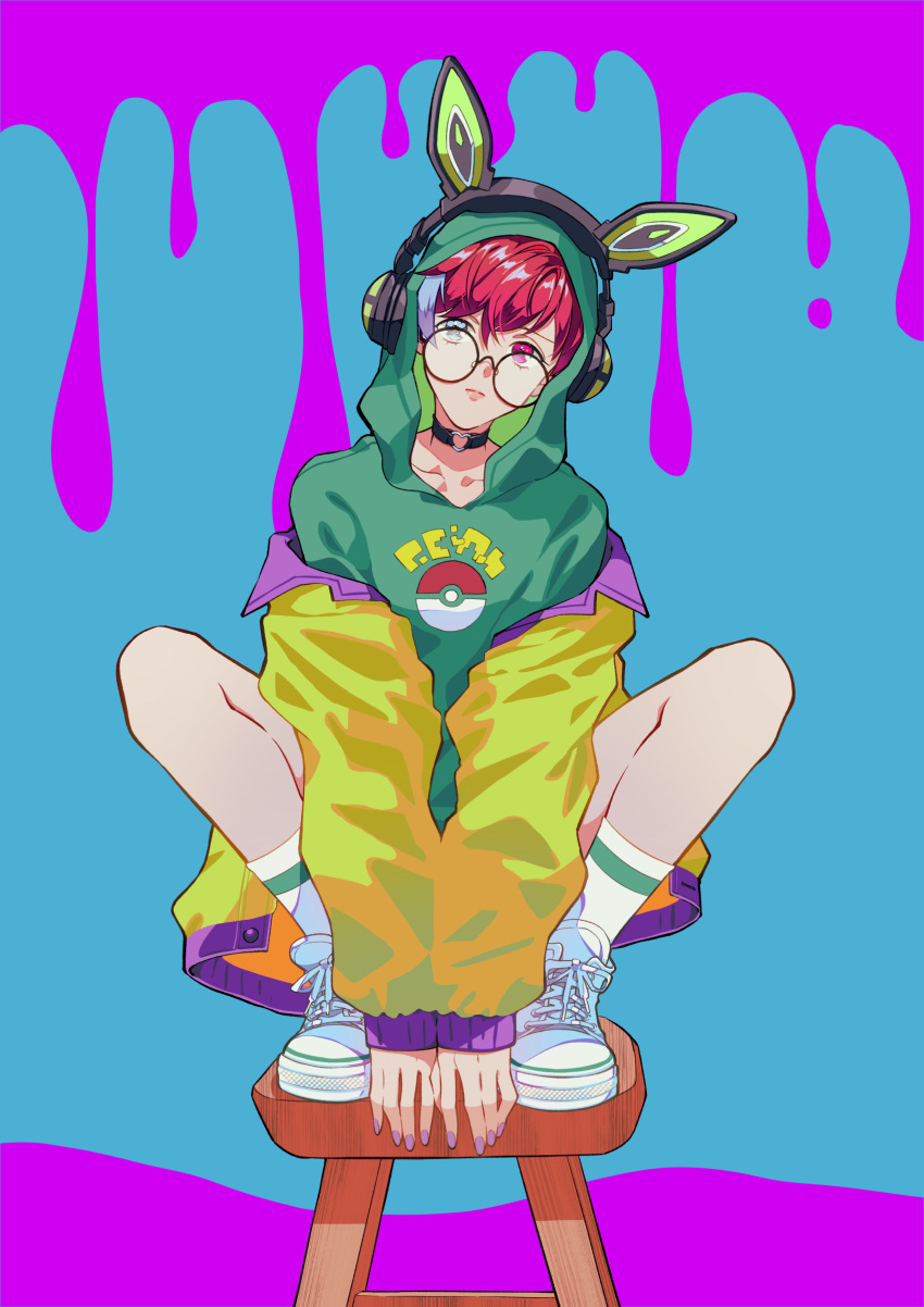 1girl absurdres alternate_costume black_choker choker closed_mouth commentary_request glasses green_background green_hoodie headphones highres hood hood_up hoodie jacket looking_at_viewer multicolored_hair nail_polish off_shoulder penny_(pokemon) png_(kkcu7283) pokemon pokemon_sv purple_nails redhead round_eyewear shoes socks solo spread_legs squatting stool two-tone_hair white_footwear white_socks