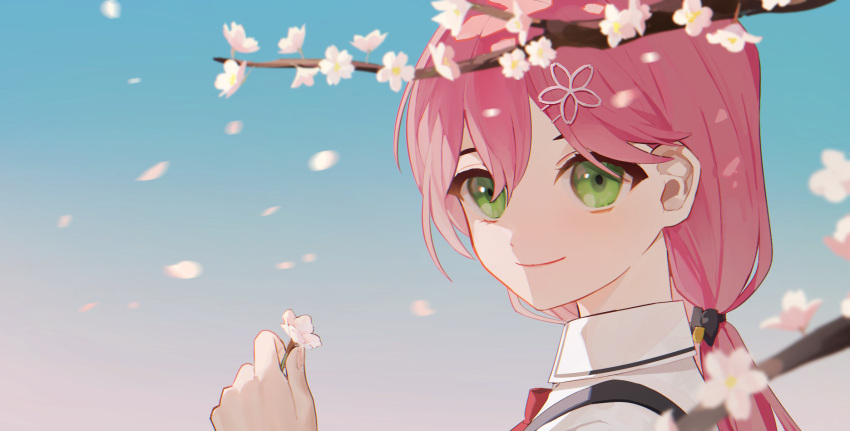 1girl branch cherry_blossoms cjsdh1000 commentary flower green_eyes hair_between_eyes hair_ornament hairclip highres holding holding_flower hololive long_hair looking_at_viewer petals pink_hair sakura_miko shirt smile solo upper_body virtual_youtuber white_flower white_shirt