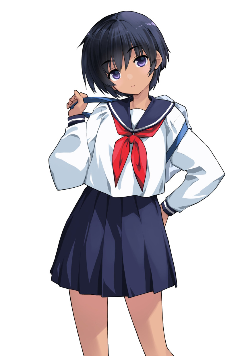 1girl black_hair blue_sailor_collar blue_skirt closed_mouth commentary_request contrapposto dark-skinned_female dark_skin expressionless feet_out_of_frame hand_on_own_hip hand_up head_tilt highres long_sleeves neckerchief original red_neckerchief sailor_collar shirt short_hair simple_background skirt solo take_shinobu violet_eyes white_background white_shirt