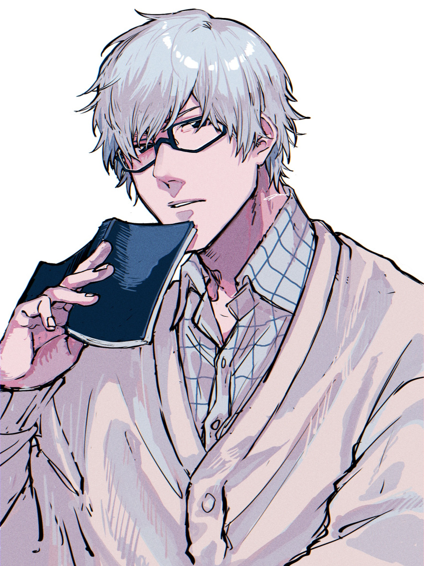 1boy a_nzi_end black_eyes bleach book buttons cardigan checkered_clothes checkered_shirt collarbone collared_shirt glasses hair_between_eyes highres holding holding_book ishida_ryuuken long_sleeves looking_at_viewer male_focus medium_bangs open_book parted_lips shirt signature solo upper_body white_background white_hair